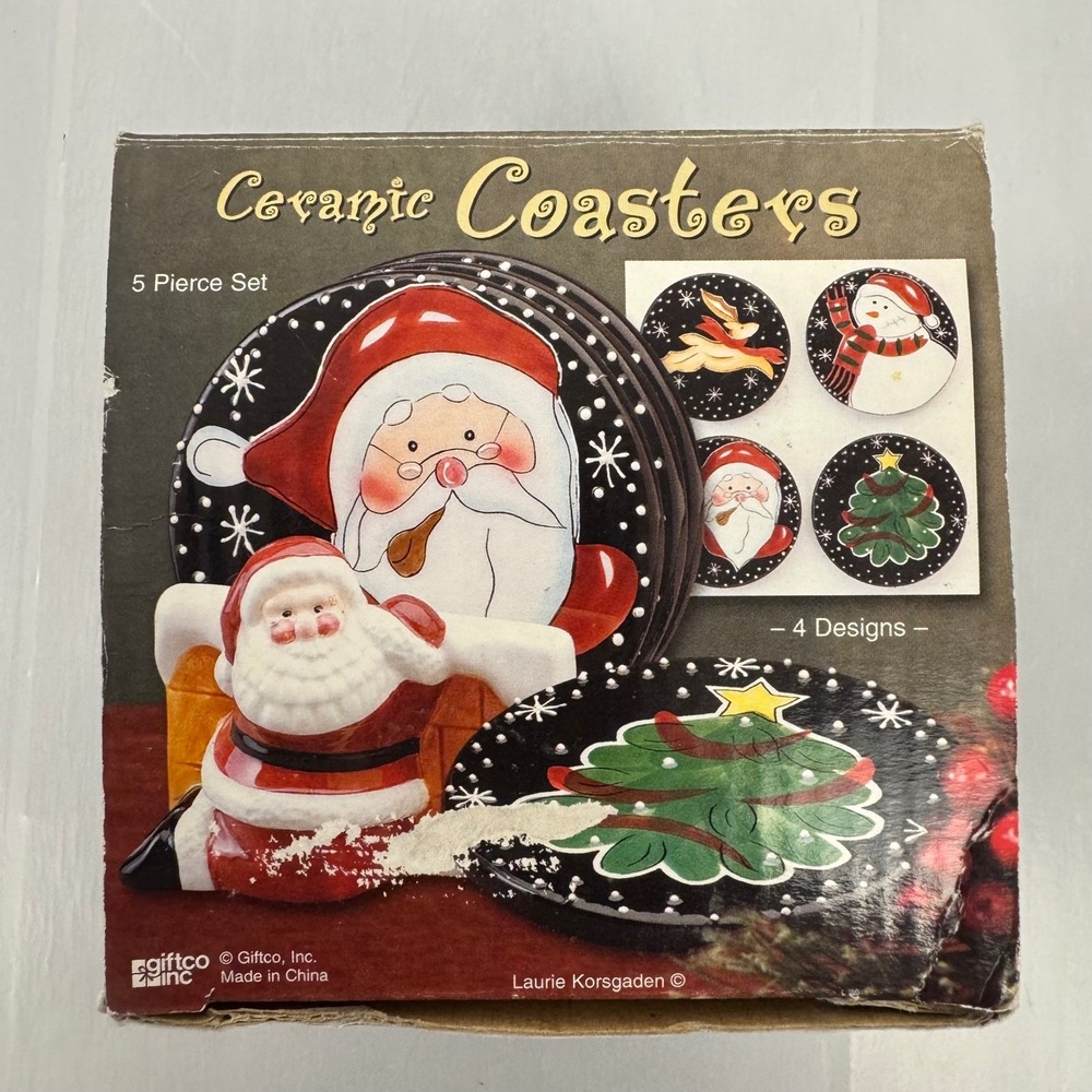 Giftco Ceramic Coasters 5 Piece Set Black Christmas Santa Snowman Holiday Decor